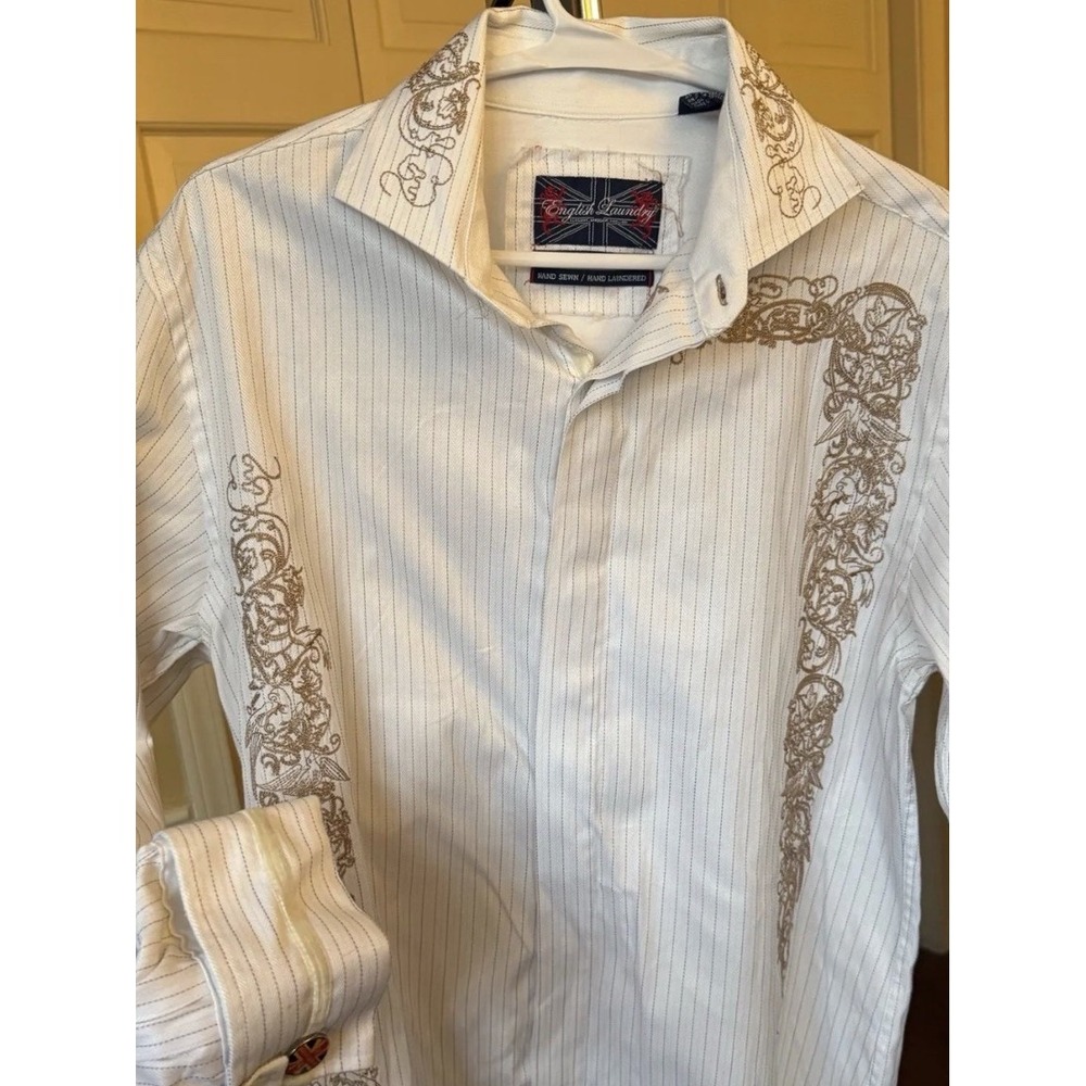 Men's English Laundry Button-Up Long Sleeve W/ Brown Hand Embroidery Sz M‎